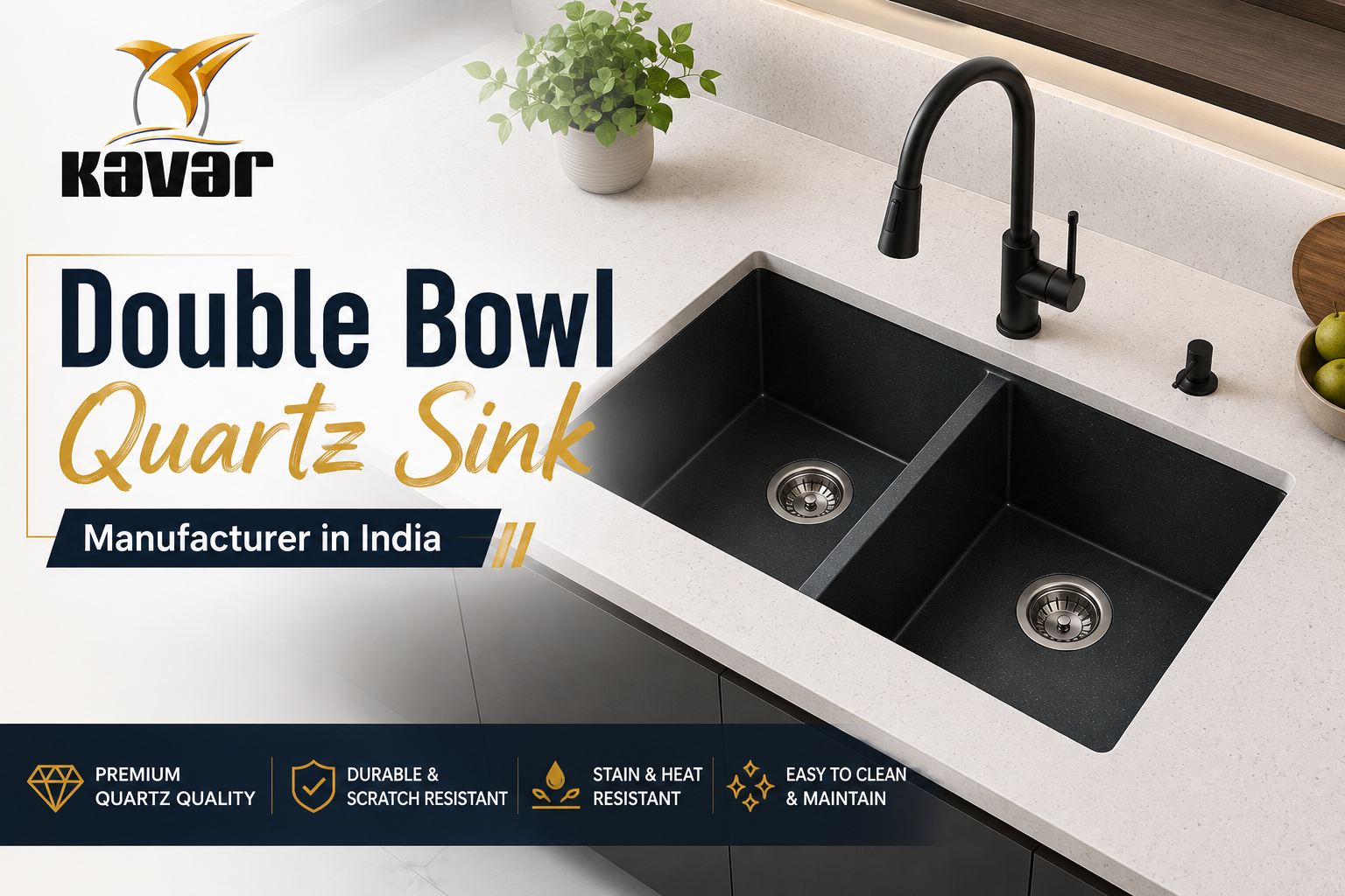 Double Bowl Quartz Sink Manufacturer in India - Premium Quartz Kitchen Sinks by KavarIndia