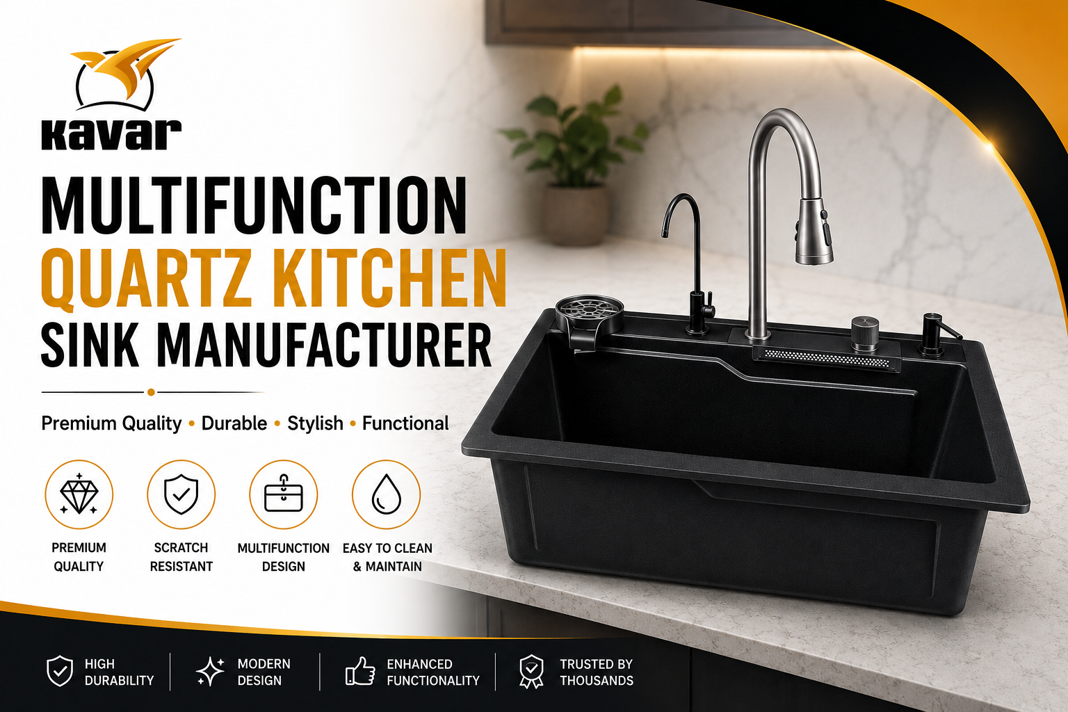 Multifunction Quartz Kitchen Sink Manufacturer in India - Durable Scratch Resistant Premium Kitchen Sinks by KavarIndia