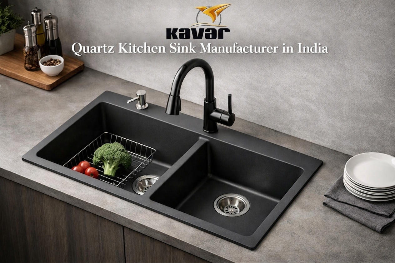 Quartz kitchen sink installation modern Indian kitchen